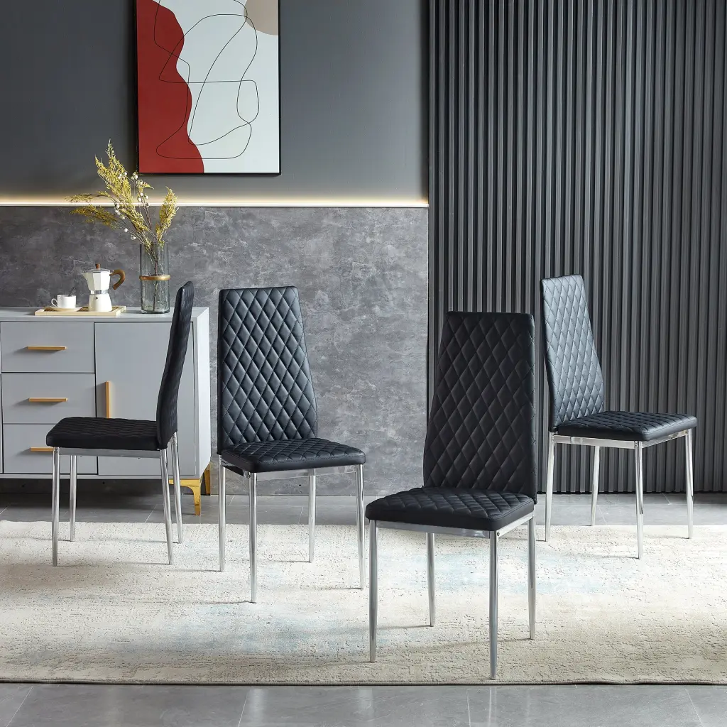 Black Modern Dining Chair Leather Chrome Metal Pipe Diamond Design future furniture