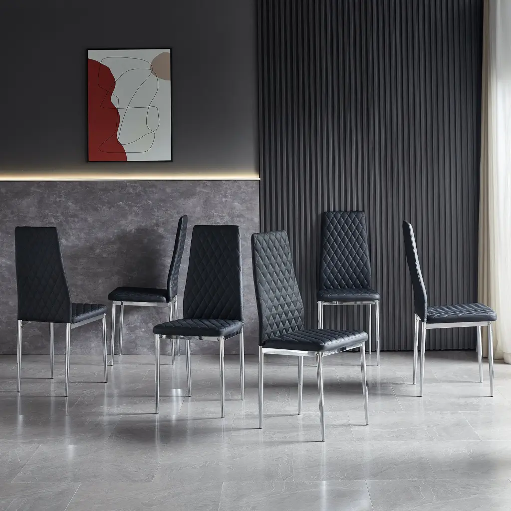 Black Modern Dining Chair Leather Seat and Chrome Metal Pipe Diamond Design future furniture