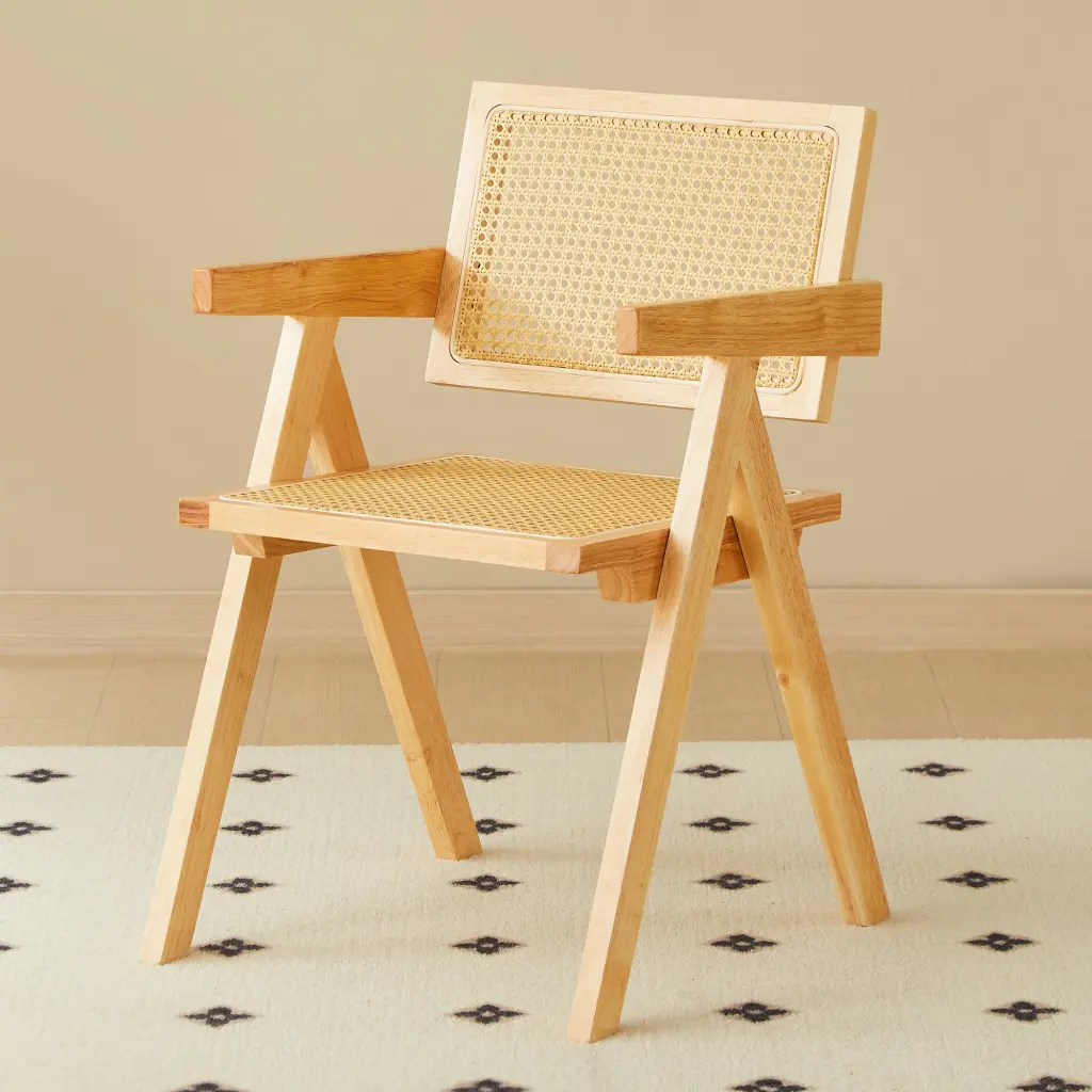 2 Dining Chairs Natural Color Rubber Wood Rattan Weaving Technology haizhijia
