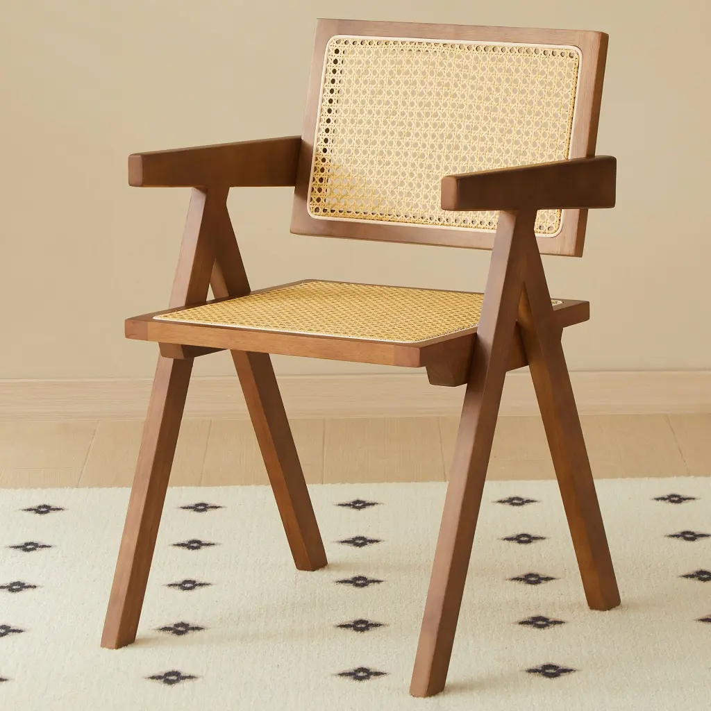 2 Dining Chairs Walnut Color Rubber Wood Rattan Weaving Design haizhijia