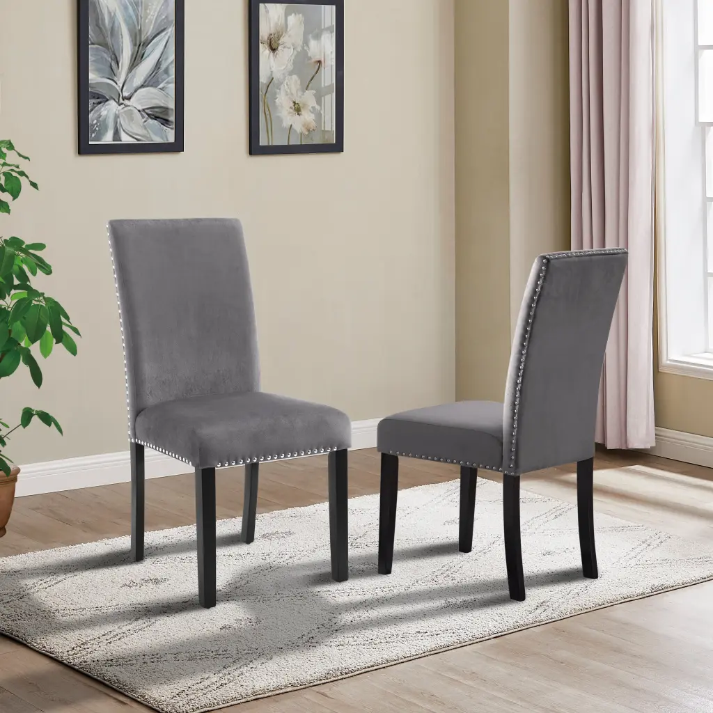 Cobre Contemporary Gray Velvet Dining Chair Set 2 Trim hz