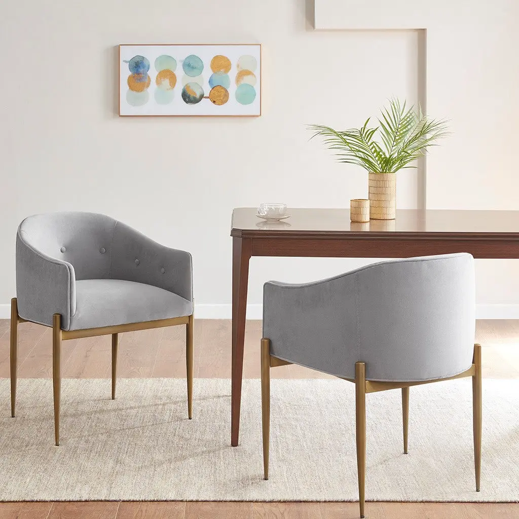 Set 2 Grey Polyester Tufted Low Back Upholstered Arm Dining Chairs jla