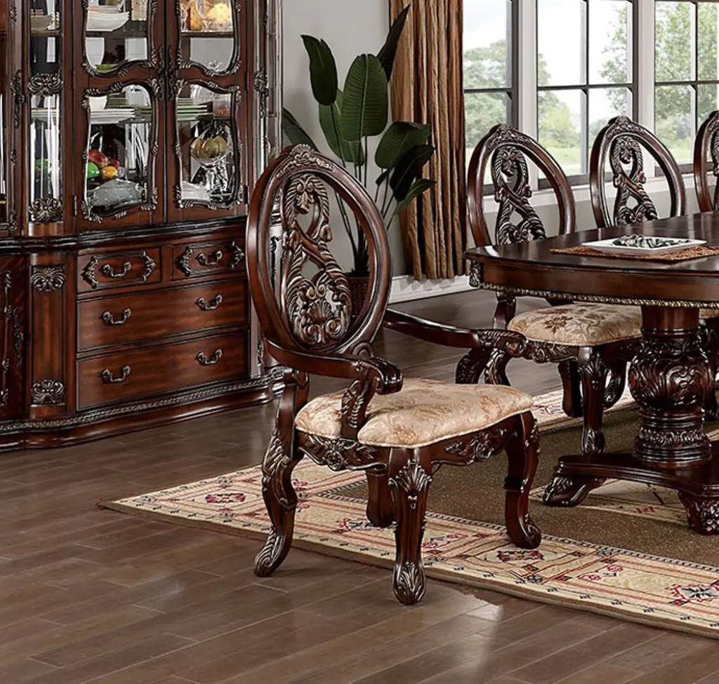 Traditional Brown Cherry 2Pcs Arm Chairs Tan Material Seats W Welt Faux kanepe