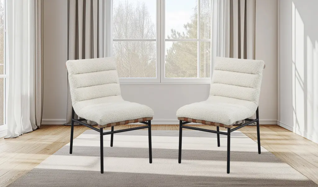 Lahni White Boucle Material Set 2 Dining Chairs Black Ferrous Metal Legs lilola home