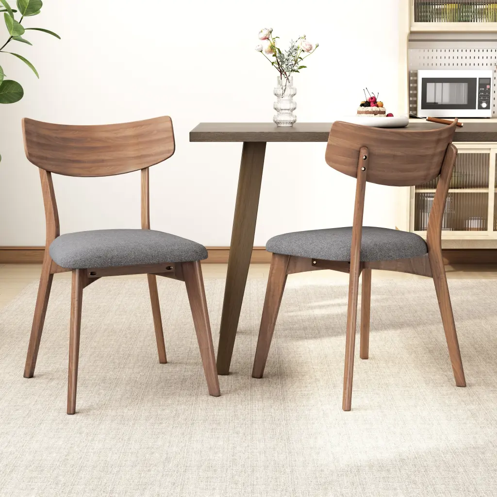 Mid Century Walnut Finished Frame Upholstered Dining Chairs Set 2 nh-uhome