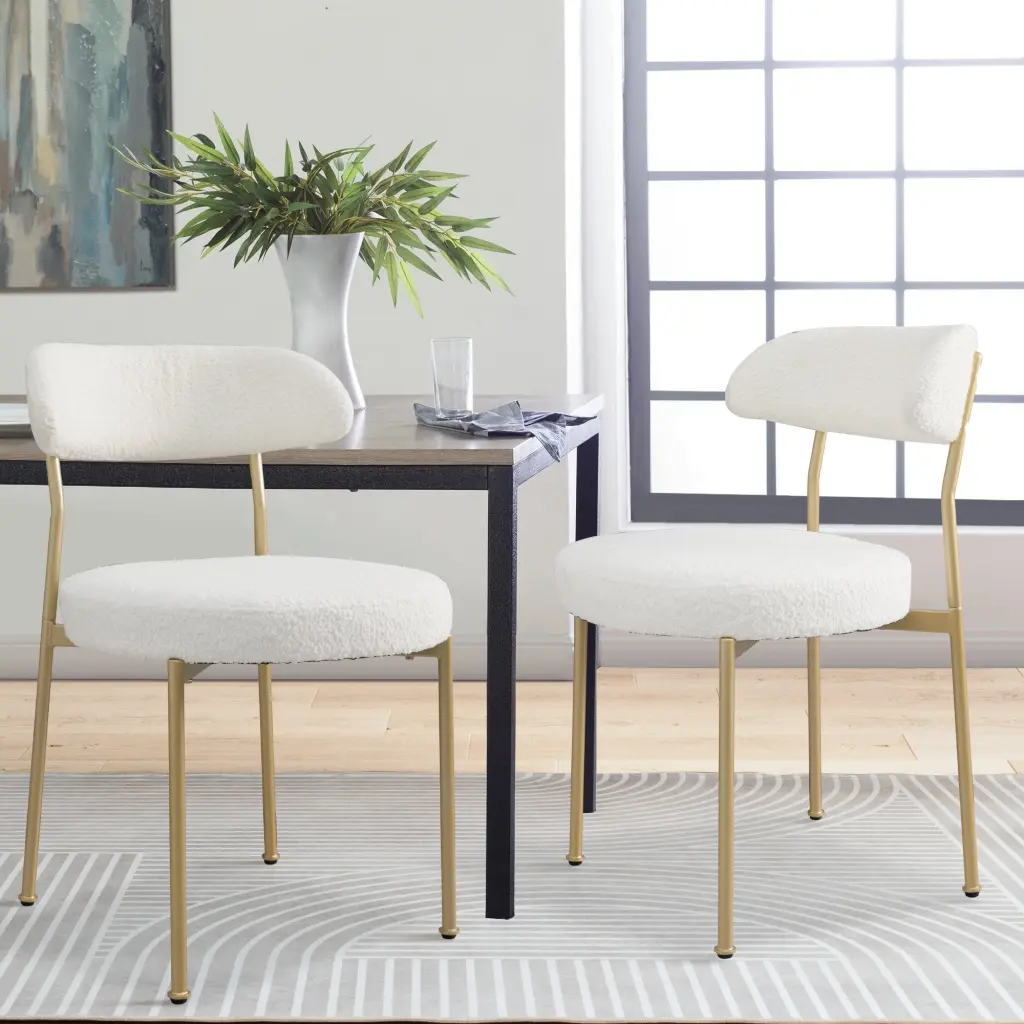 Boucle Upholstered Dining Chairs Curved Backrest & Precious Metal Legs rnb