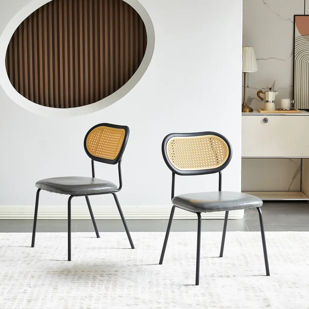 Light Grey Modern Dining Chair PU Leather Black Metal Pipe Legs rnb