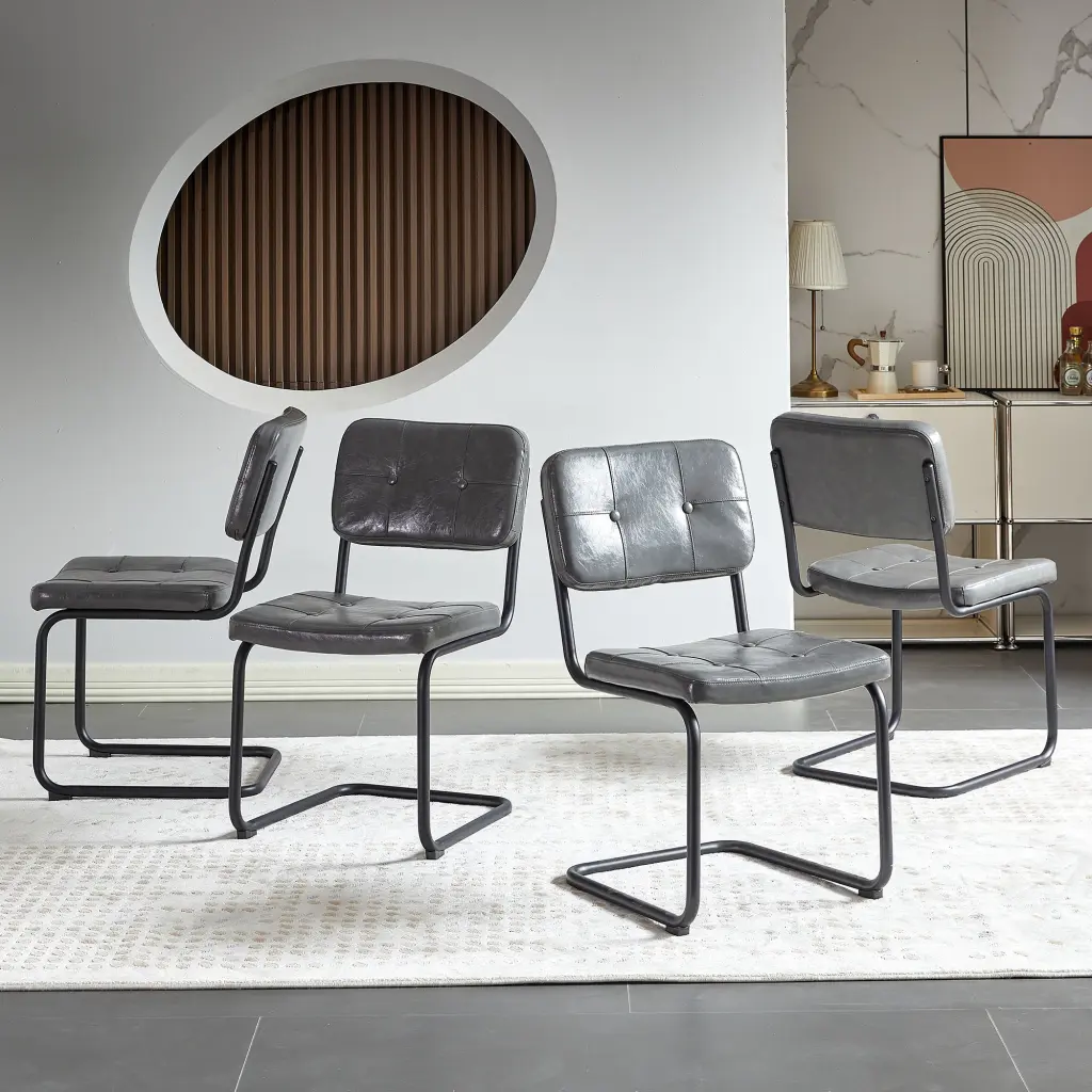 Light Grey Modern Dining Chair PU Leather and Black Metal Pipe Legs rnb