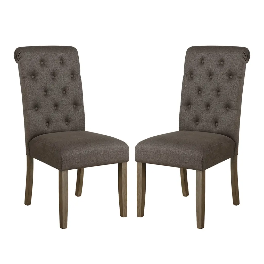 Set 2 Grey and Rustic Brown Upholstered Dining Chairs Solid Wood Legs simple relax