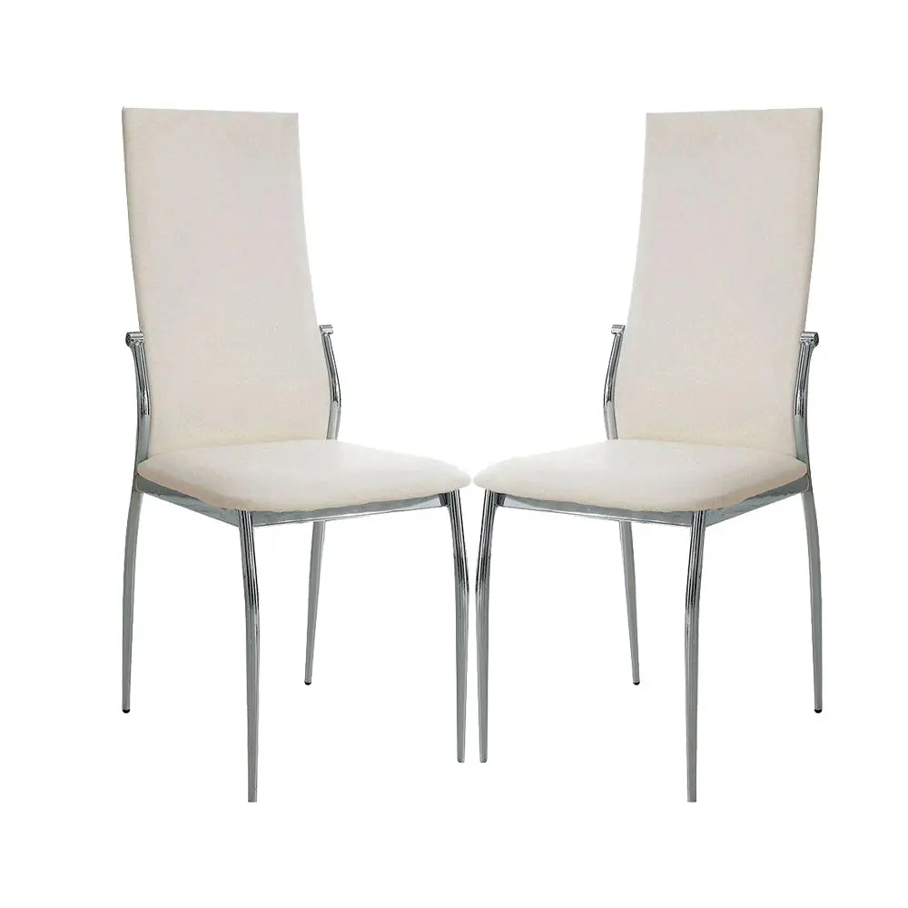Set 2 White Padded Dining Chairs Chrome Finish Modern Kitchen simple relax