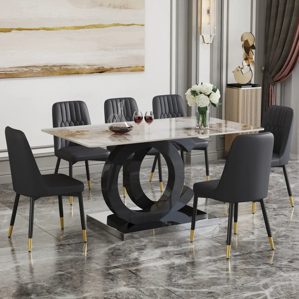 63 Inch Stone Pattern Sintered Marble Table and Chair Set droom w-1151