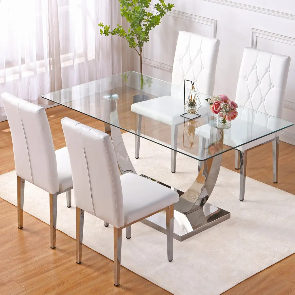 Modern Dining Table And Chair Set - Tempered Glass Top E-reader Friendly Kitchen Table droom w-1151