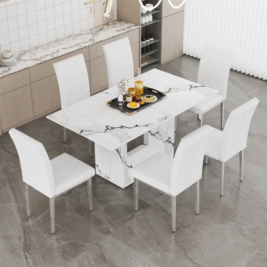 Table And Chair Set 63X35.4 Inch White Stone Patterned MDF Dining Table droom w-1151