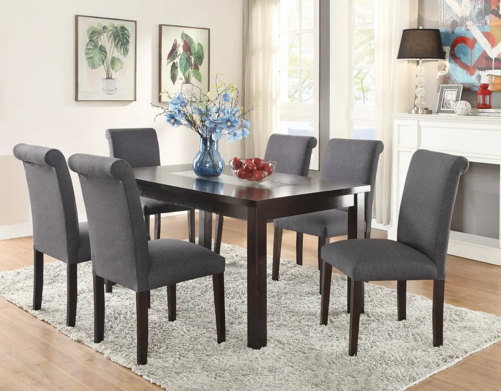 Contemporary Dining Table Blue Grey Polyfiber Upholstery and 6 Side Chairs kanepe