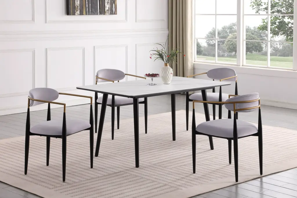 Modern Contemporary 5Pc Dining Set White Sintered Stone Table and Gray Chairs kanepe