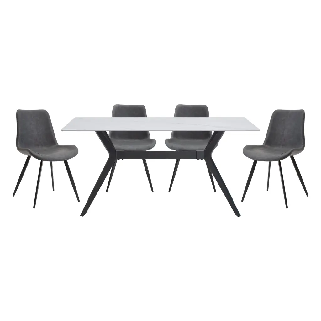 Modern 5 Piece Dining Table Set 4 Gray Upholstered Chairs and Sintered Stone Top kanepe