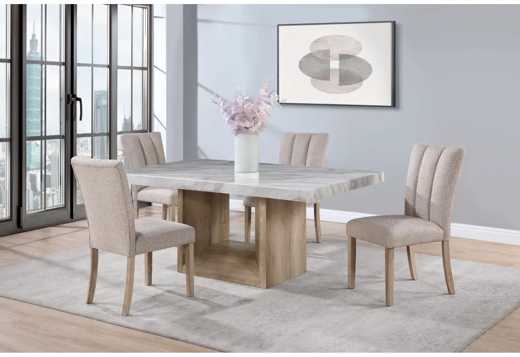 Sheena 5Pc Dining Table Set Natural Timber Dining Room Fixed Table Rubbe luxe modern furniture