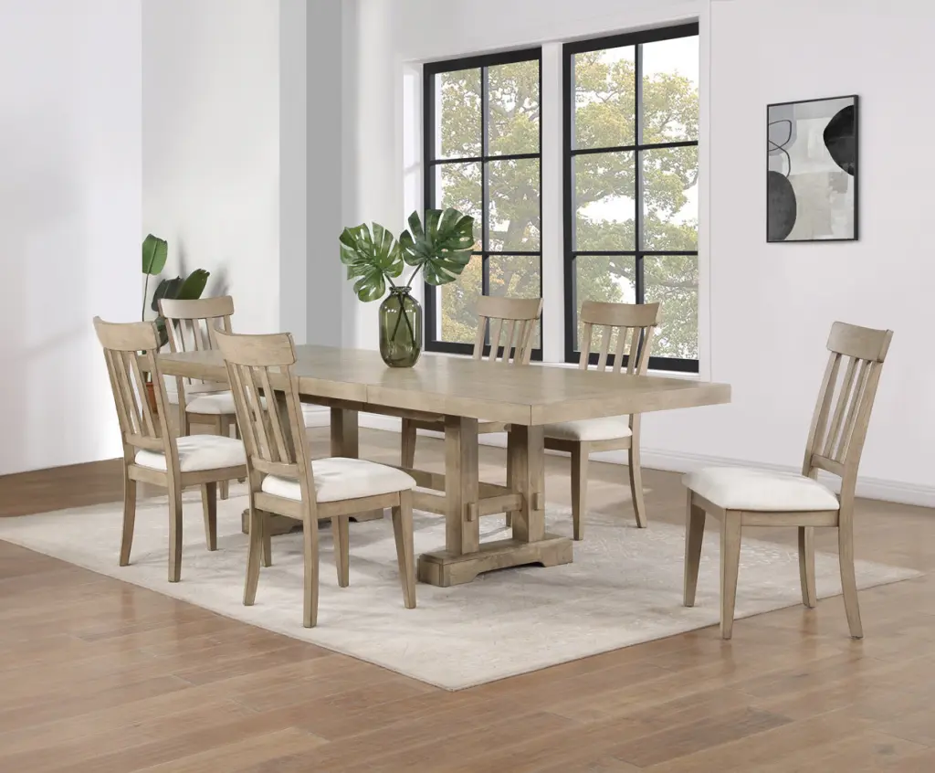 Napa 7 Piece Dining Set Sand Light Brown Timber Kitchen Table And Chairs steve silver furniture