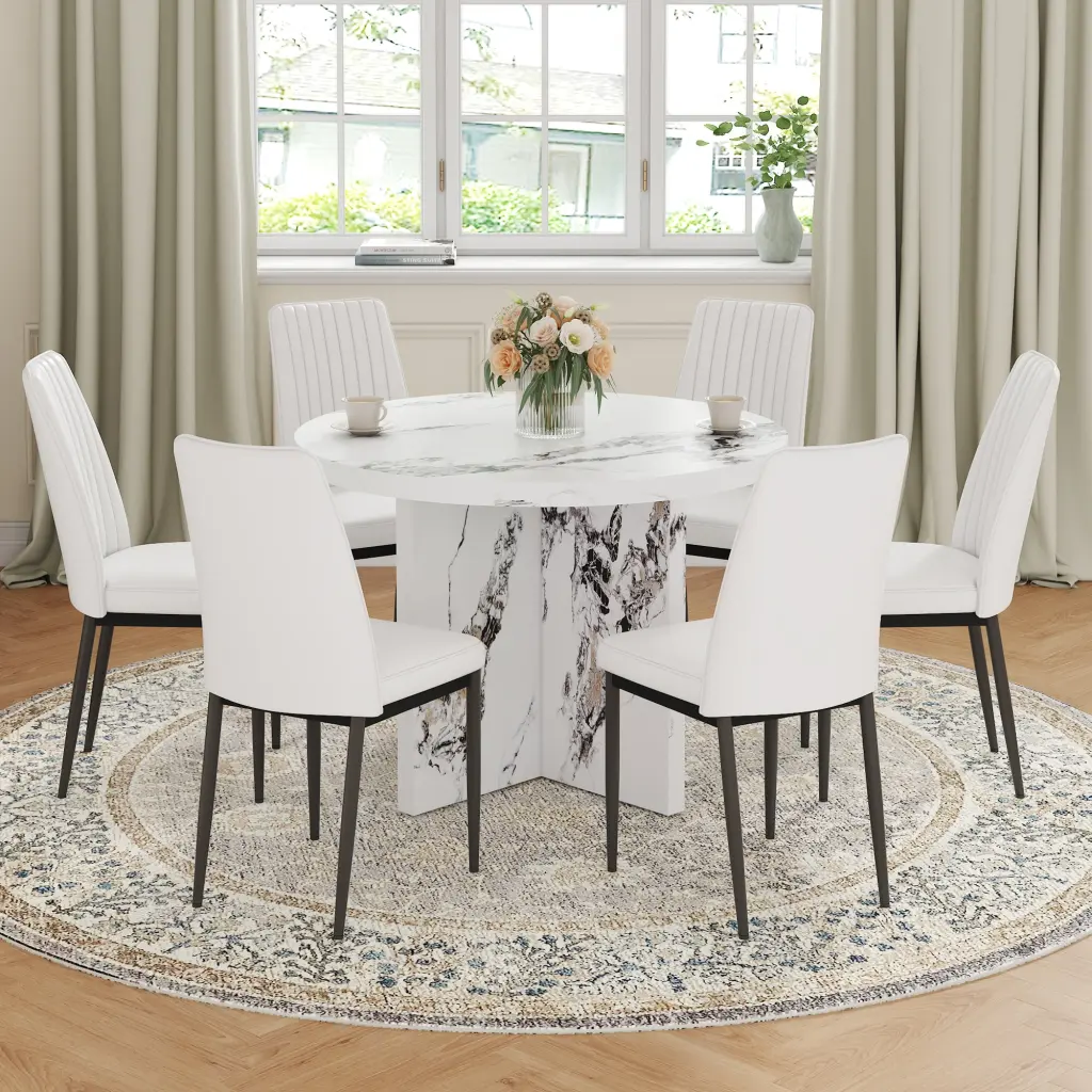 7 Piece Round Dining Table Set 42 Inch Modern Table 6 Upholstered Chairs a-q house