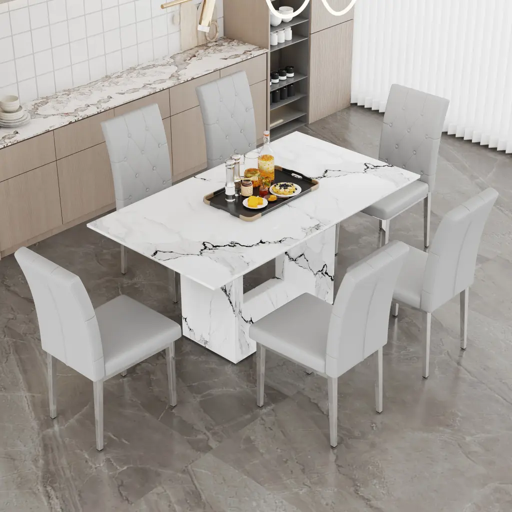 63x35.4 Inch White Marble Patterned MDF Dining Table and Chair Set droom w-1151