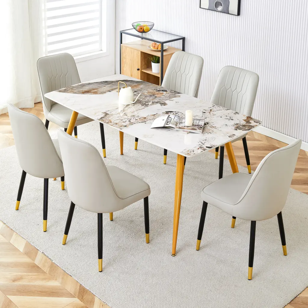 Modern Minimalist Dining Table And Chair Set - White Imitation Marble Top droom w-1151