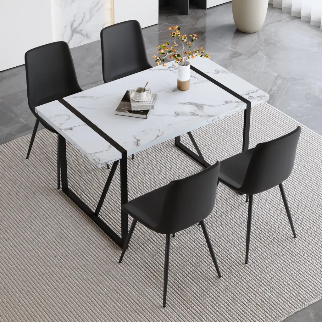 Modern Minimalist White Stone Veined MDF Dining Table and Chair Set droom w-1151