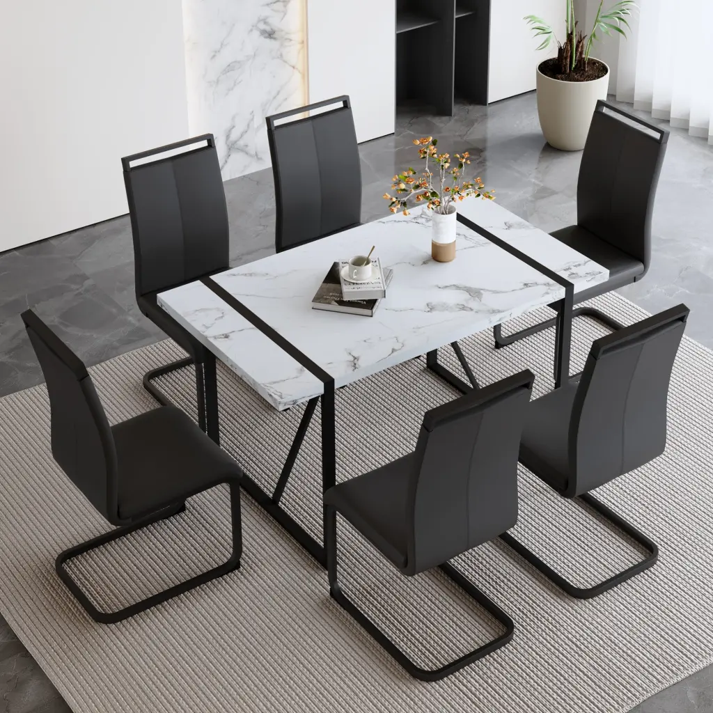 Modern Minimalist White Stone Veined Mdf Dining Table and Chair Set droom w-1151