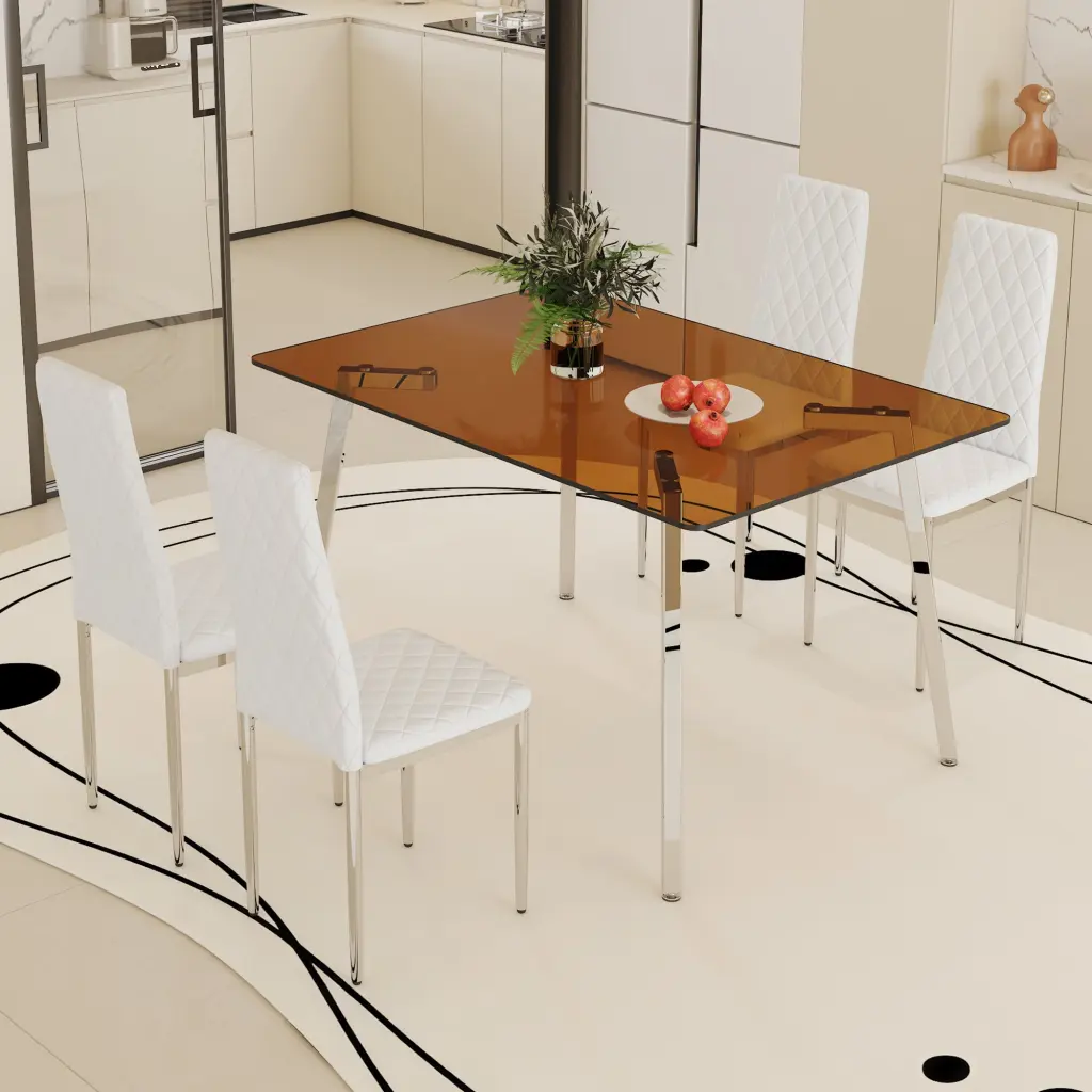 Modern Rectangular Dining Table and Chair Set Brown Crystal Top droom w-1151