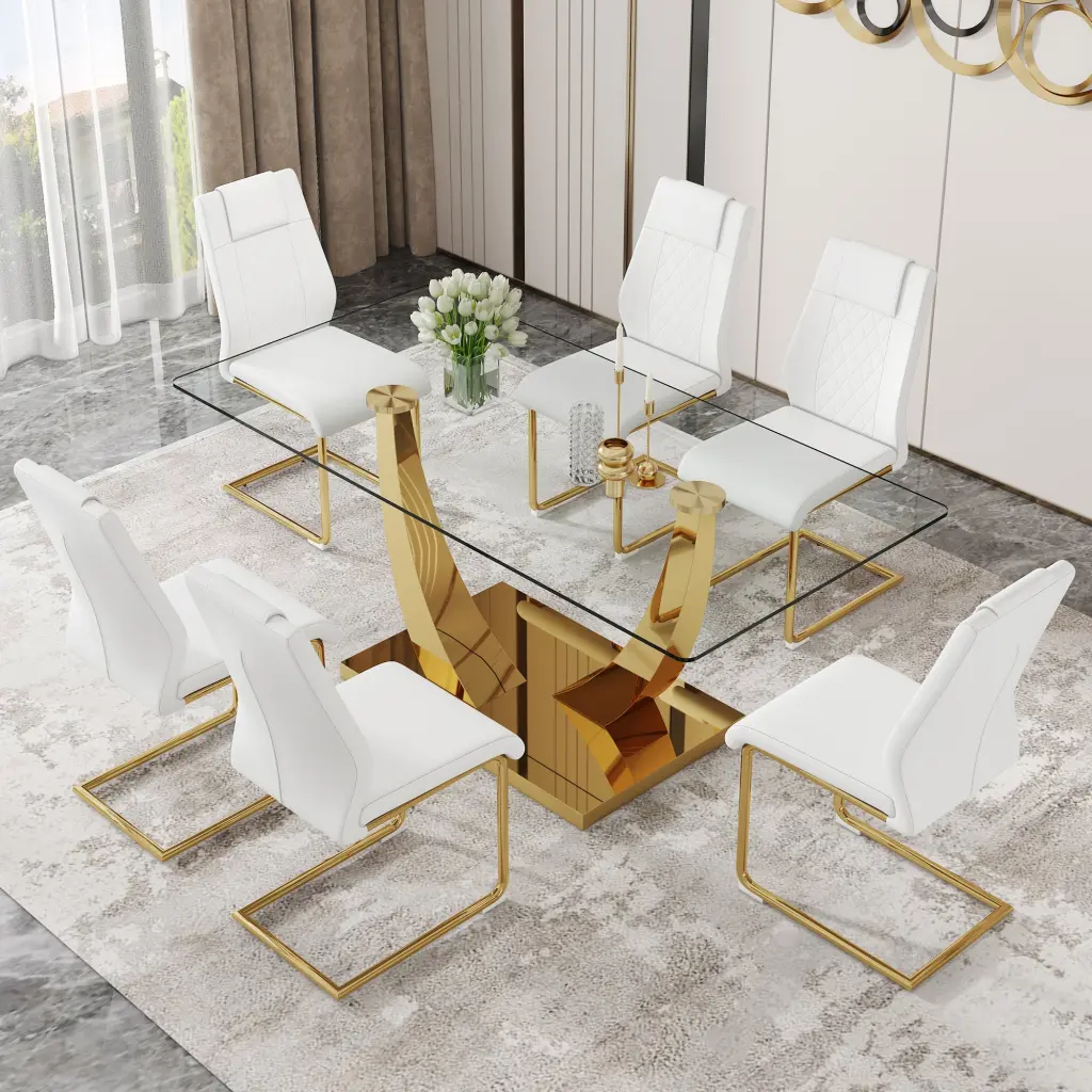 Modern Rectangular Dining Table and Chair Set Transparent Tempered Glass Top droom w-1151