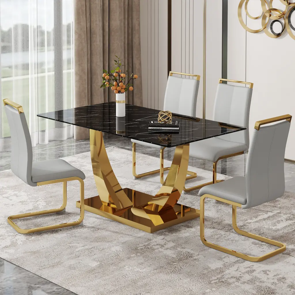 Modern Rectangular Dining Table and Chair Set Black Textured Finish droom w-1151