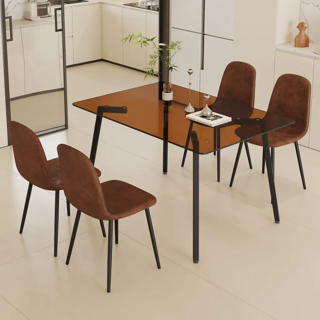 Modern Rectangular Table And Chair Set Brown Crystal Top Dining Furniture droom w-1151
