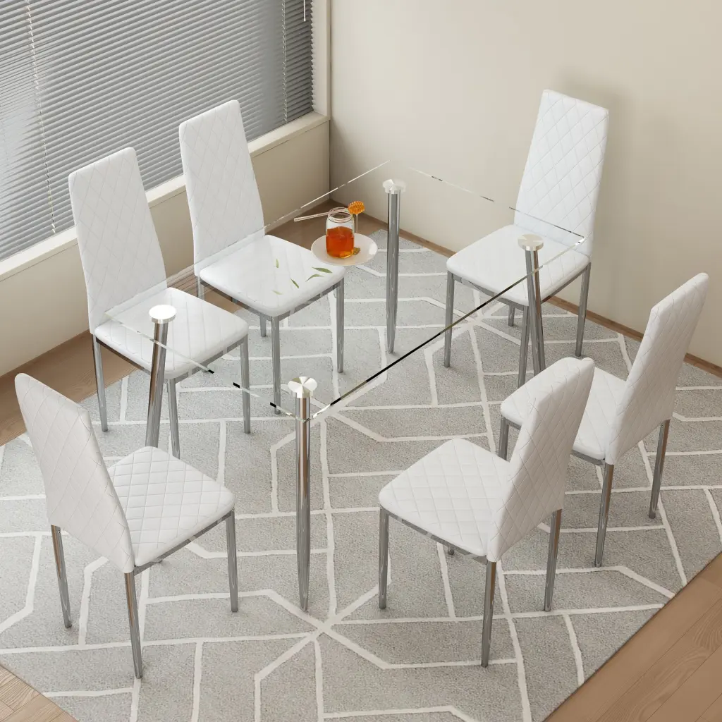 Rectangular Dining Table Set Tempered Glass Top And Chairs droom w-1151