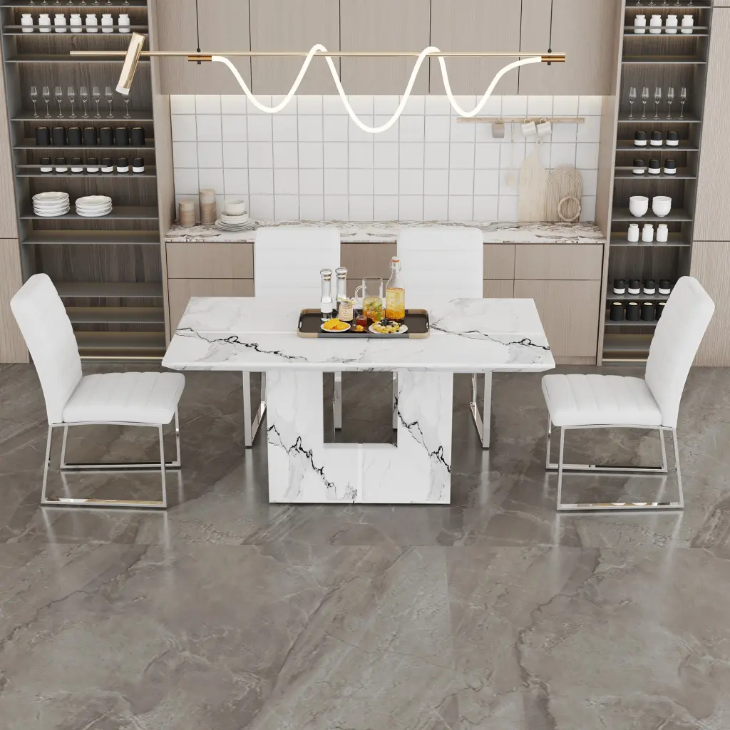 Table And Chair Set 63X35.4 Inch White Marble Patterned MDF Dining Table droom w-1151