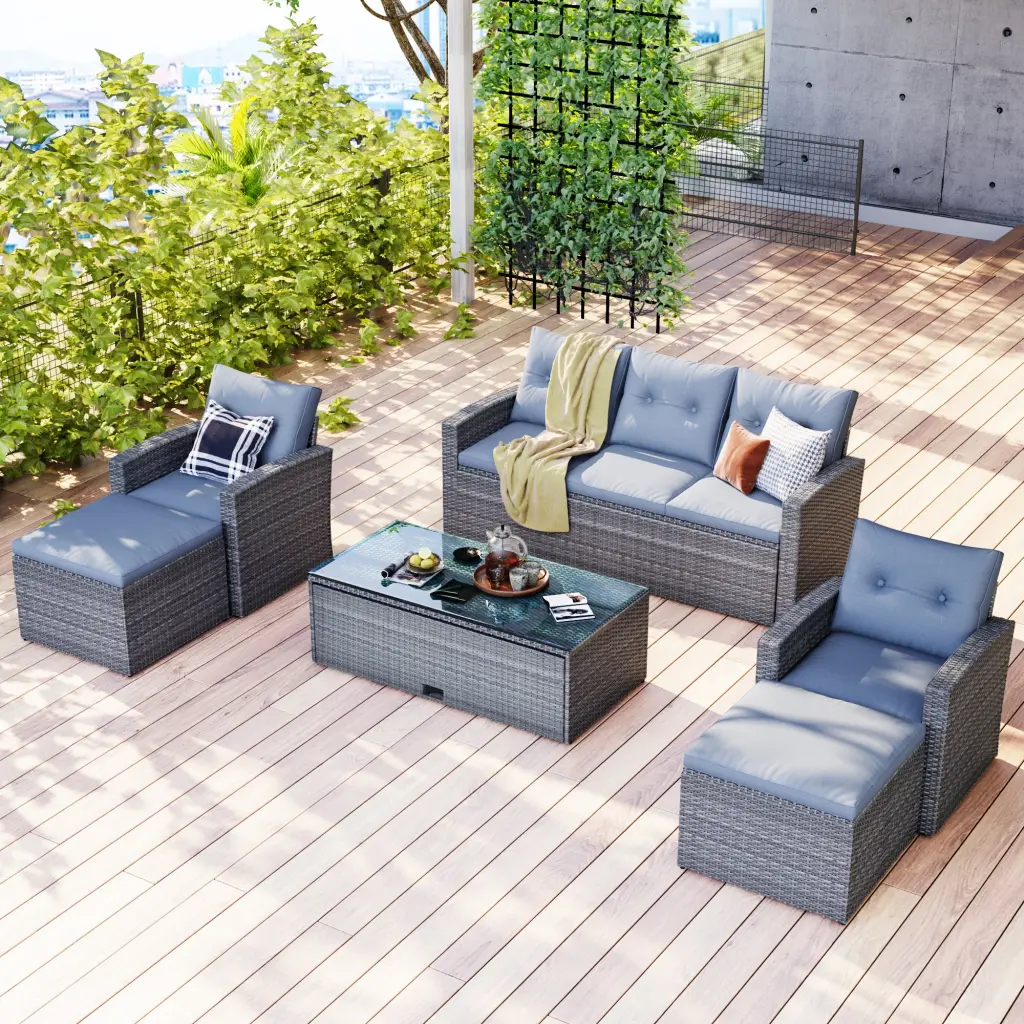 6 Piece All Weather Wicker Rattan Patio Outdoor Dining Conversation Set go