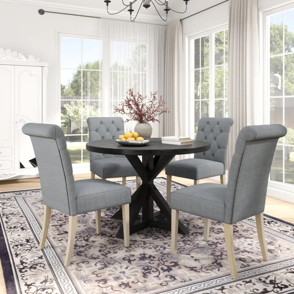 Banff 5 Piece Dining Set Cross Buck Round Table 4 Tufted Chairs hz