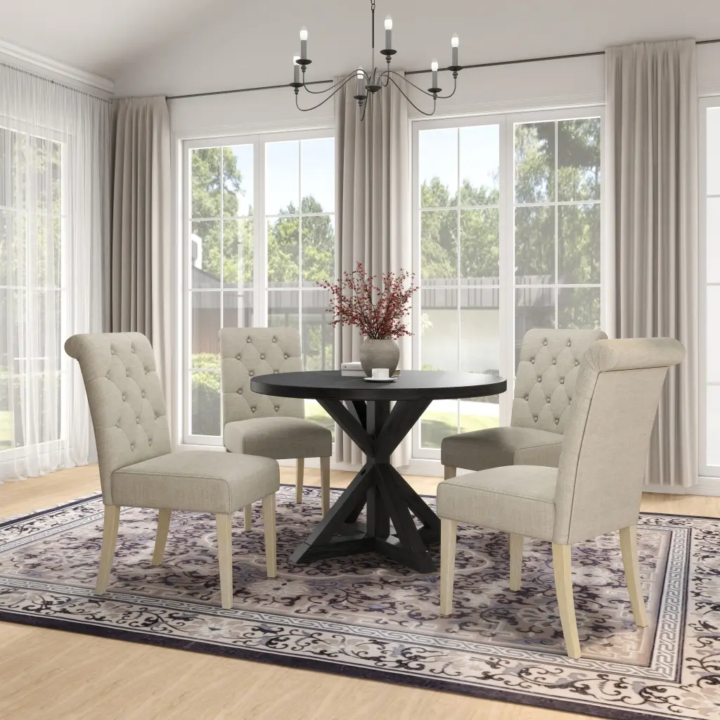 Banff 5 Piece Dining Set Cross Buck Round Table 4 Tufted Chairs hz