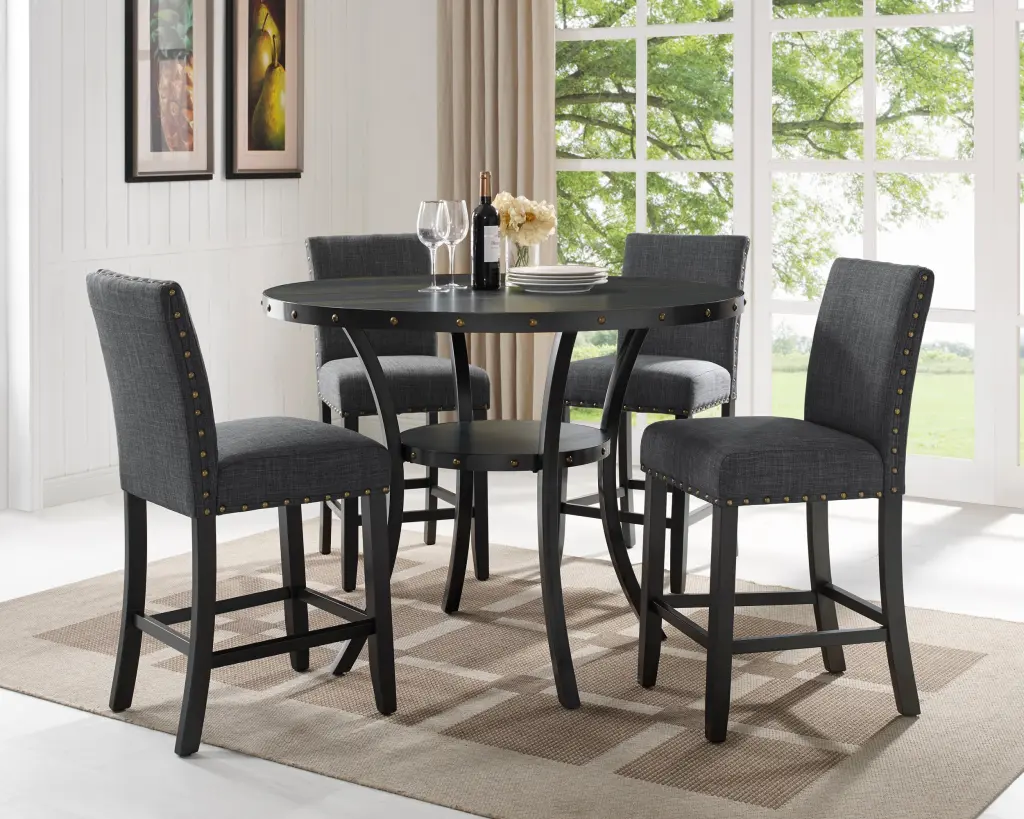 Biony Espresso Wood Counter Height Dining Set Grey Stools hz