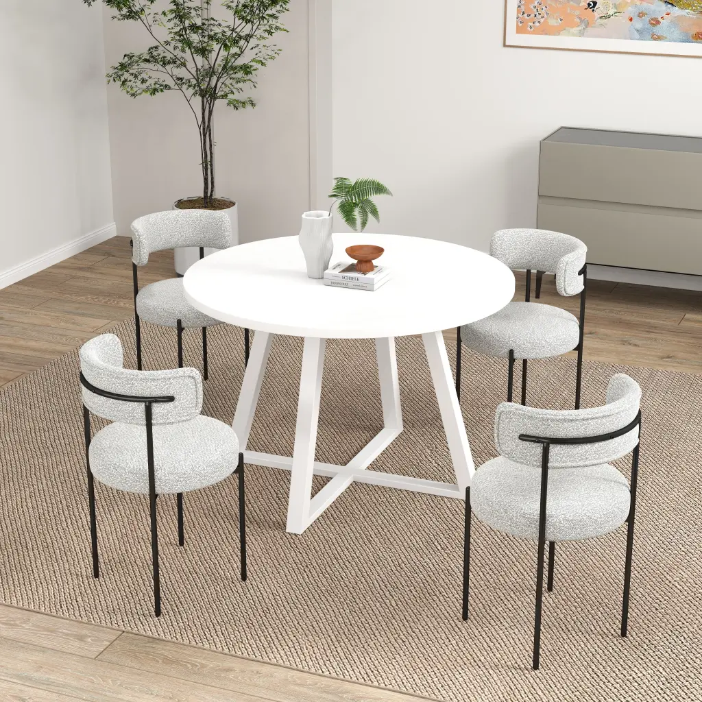 Durban 5 Piece Round Dining Set Trestle Table and 4 Boucle Chairs hz