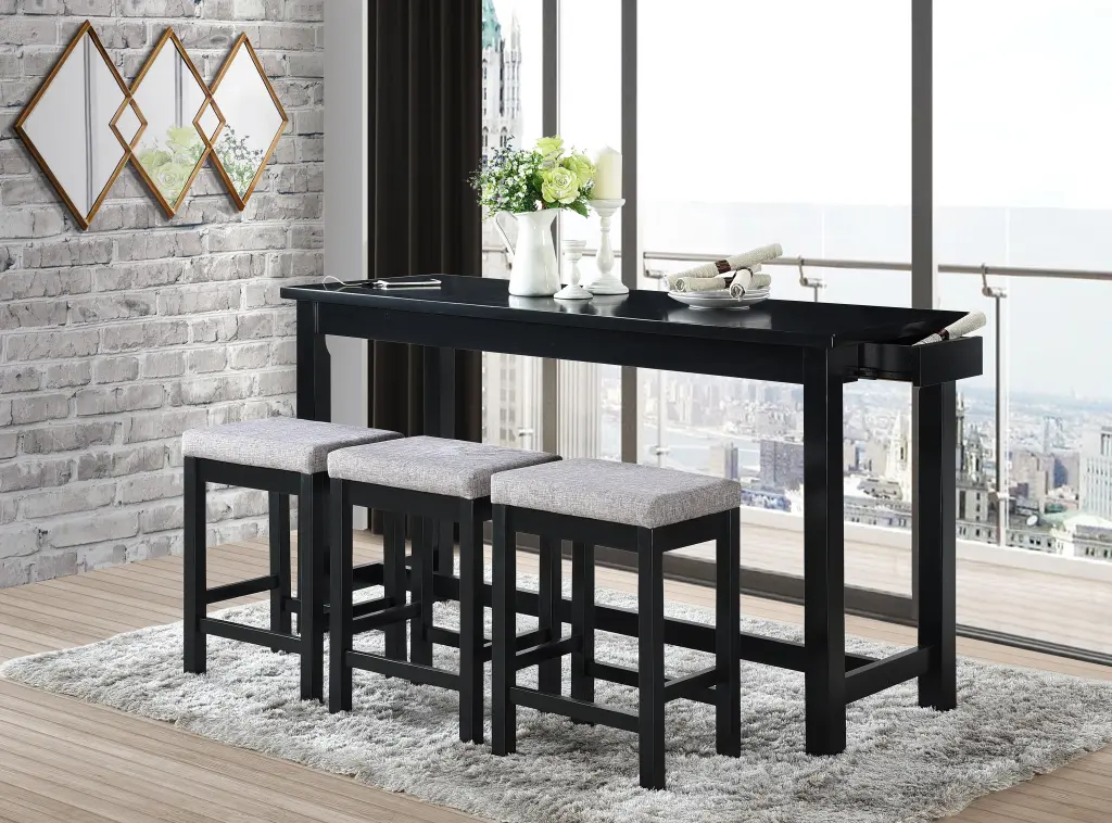 4Pc Counter Height Dining Set Black Finish Table Drawers kanepe