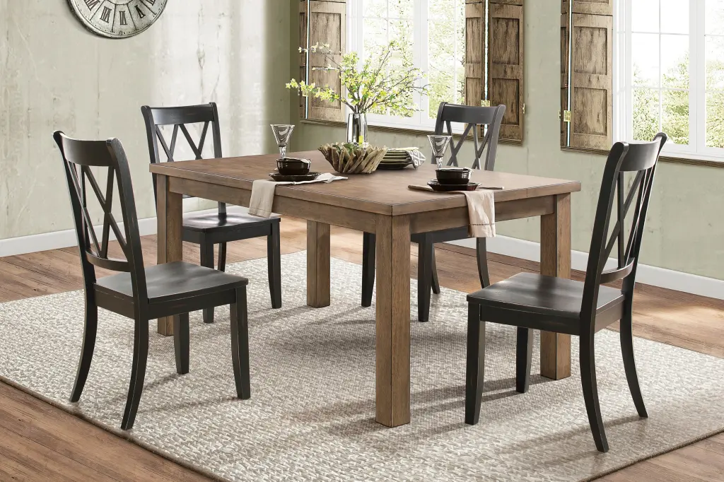 5Pc Dining Set Natural Finish Table And 4X Side Chairs Black Finish Wooden Dining Room kanepe