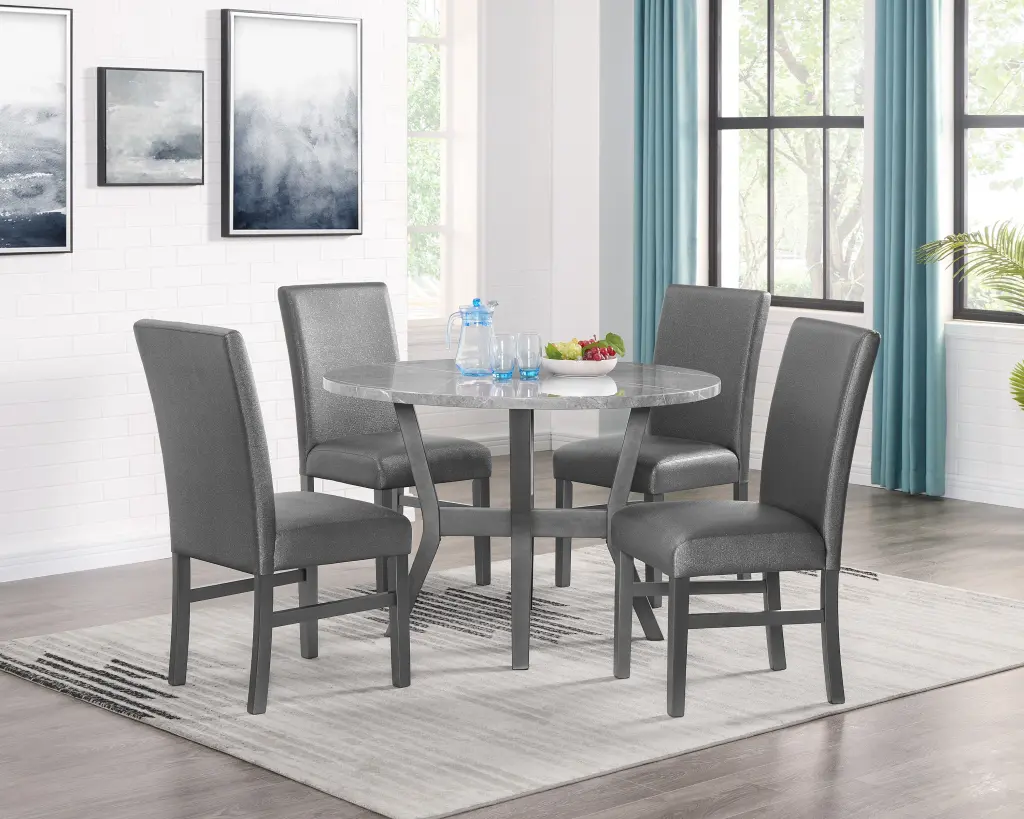 Beautiful 5 Pc Round Gray Marble Table Glitter Gray Finish Upholstered kanepe