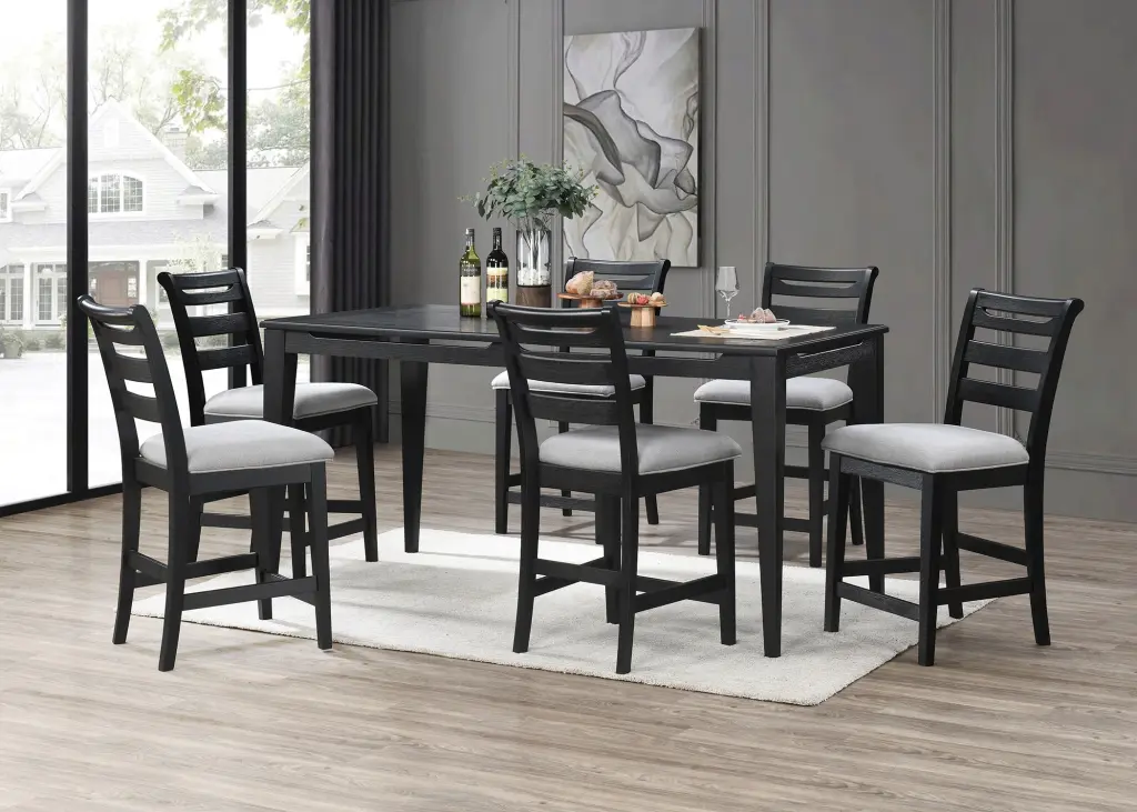 Black Hue 7Pc Dining Set Counter Height Table And 6X High Chairs Upholstered Seating kanepe