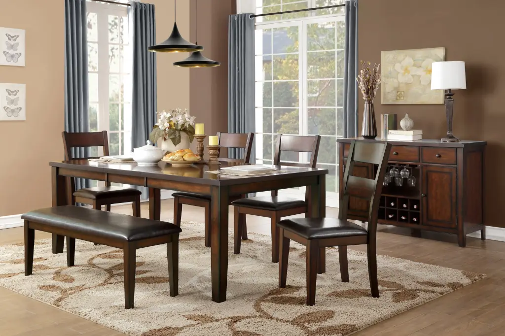 Cherry Finish Classic 6 Piece Dining Set Draw Leaf Table and Bench kanepe