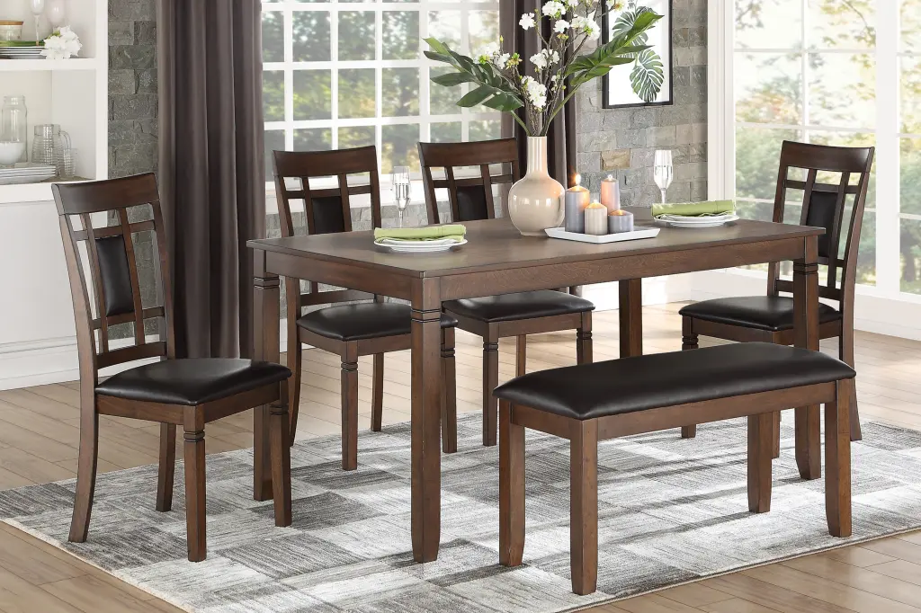 Classic Cherry Finish 6 Piece Dining Set Table Bench 4 Chairs Faux Hide kanepe
