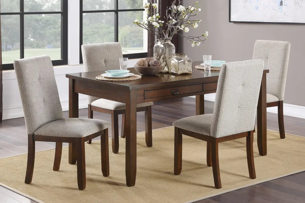 Dark Cherry Finish 5 Piece Dining Set Table and 4 Chenille Upholstered Chairs kanepe
