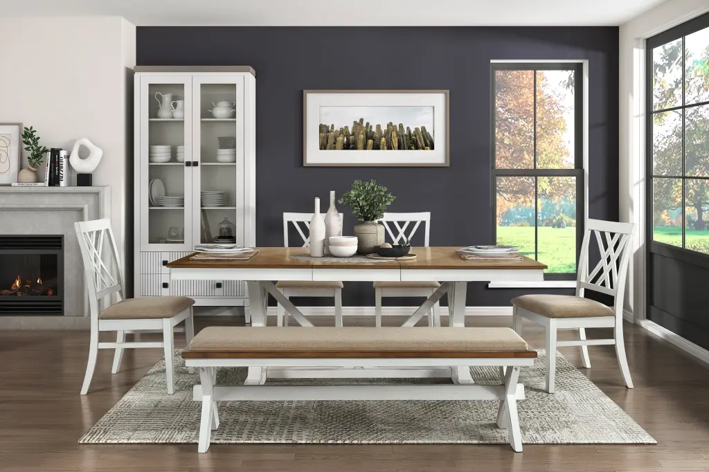 Modern White Oak Finish 6 Piece Dining Set Extension Leaf Table kanepe