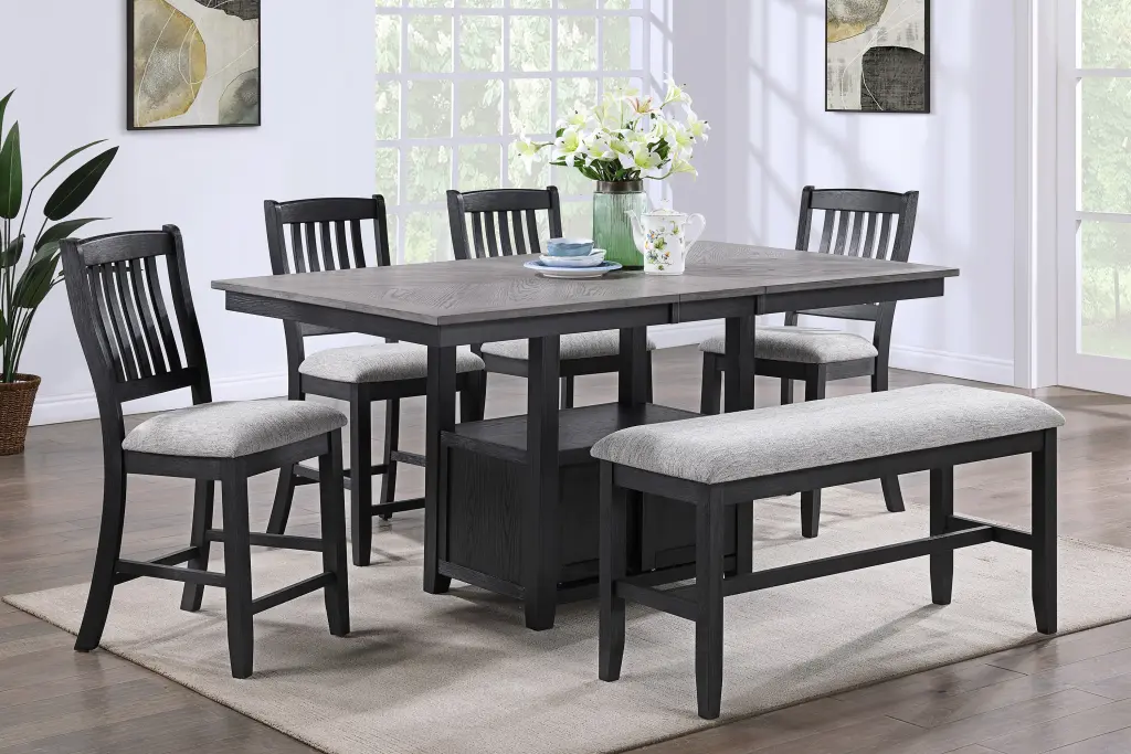 6 Piece Counter Height Dining Set Black Gray Finish Rectangular Table Chairs kanepe