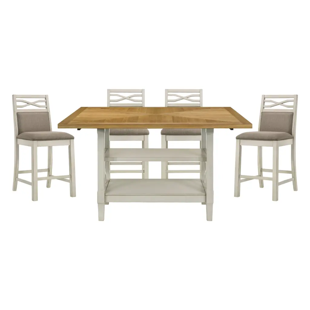 5 Piece Counter Height Dining Set 2 Shelves And 4 Upholstered Chairs kanepe