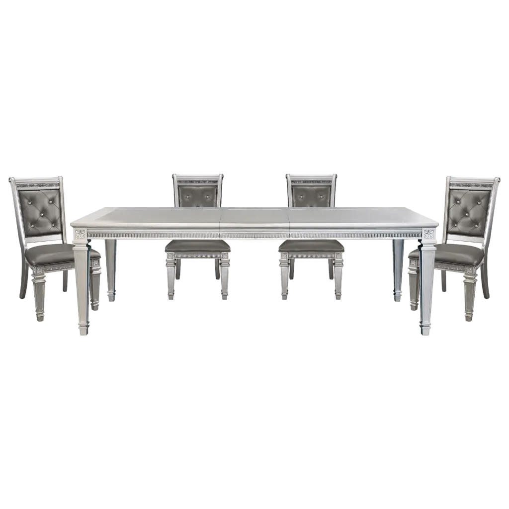 Shiny Metal Finish 5Pc Dining Set Table Leaf And 4 Side Chairs Modern Glass Top kanepe