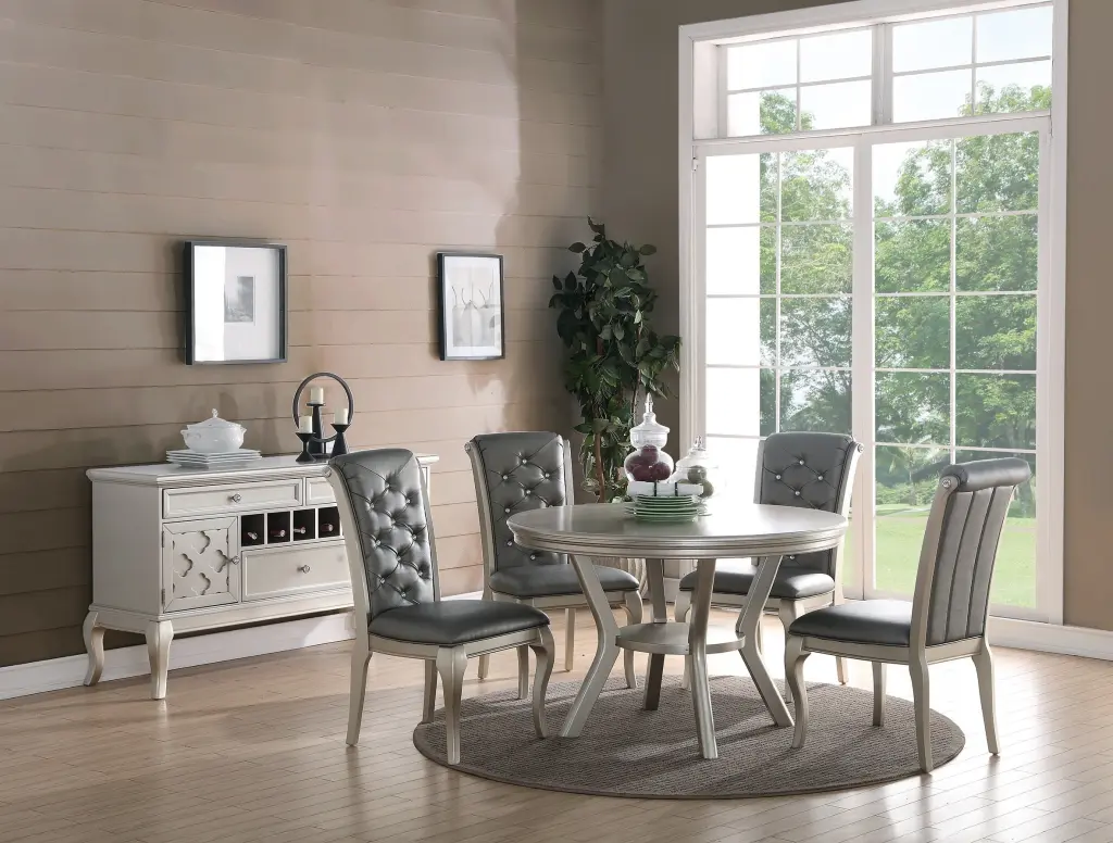 Traditional Silver Hue Round 5Pc Formal Dining Table Set kanepe